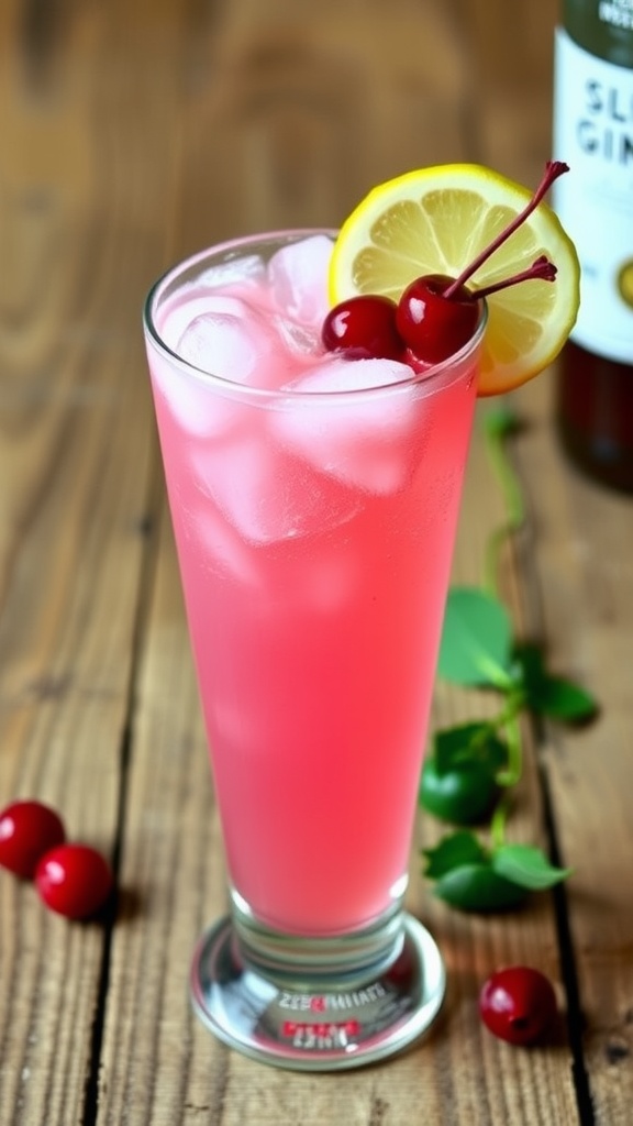 A refreshing Sloe Gin Fizz cocktail in a tall glass with ice, garnished with a lemon slice and a cherry.
